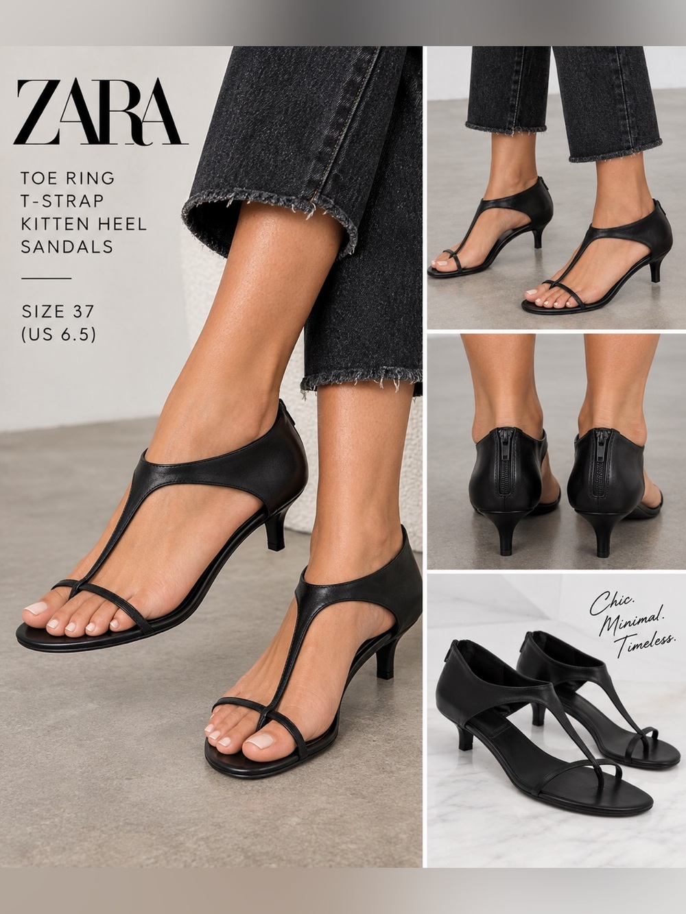Zara Black Toe Ring T-Strap Kitten Heel Sandals Size 37 US 6.5